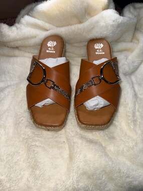 GC Shoes Womens Lindsey Tan Leather Espadrille Platform Slide Sandals